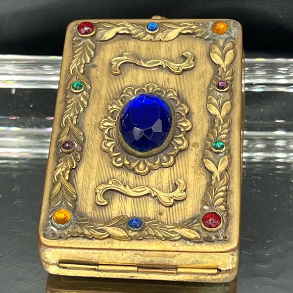 Antique 1900’s Gold Gilt French Jeweled Enamel Guilloche Compact Wristlet( No Ch - Picture 4 of 8